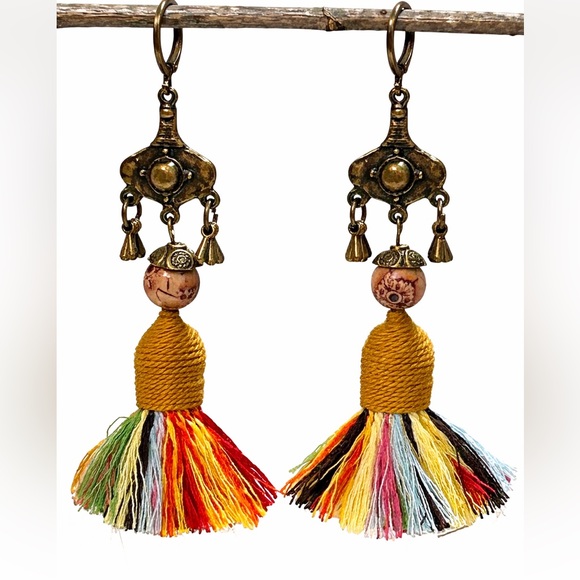 Hand Crafted Jewelry - Boho Tassel Earrings . Multicolor Fringe . Tribal Brass . Statement Dangle